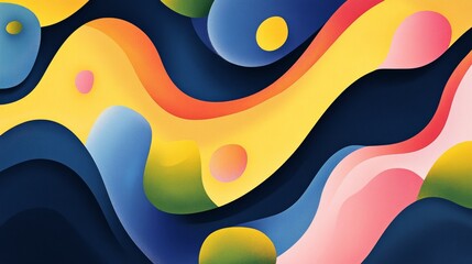 dynamic fluid art background, floating organic blobs, bold color palette with yellow pink blue green accents, midnight blue canvas, flowing abstract shapes, contemporary design, smooth wave motion