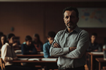Fototapeta premium A serious teacher stands with arms crossed in a classroom.