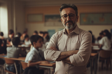 Fototapeta premium Confident teacher in a classroom setting.