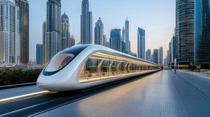 futuristic hyperloop train station in modern city skyline