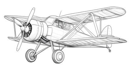 Detailed Blueprint Design Outline of a Vintage Propeller Biplane Aircraft for Kids Coloring