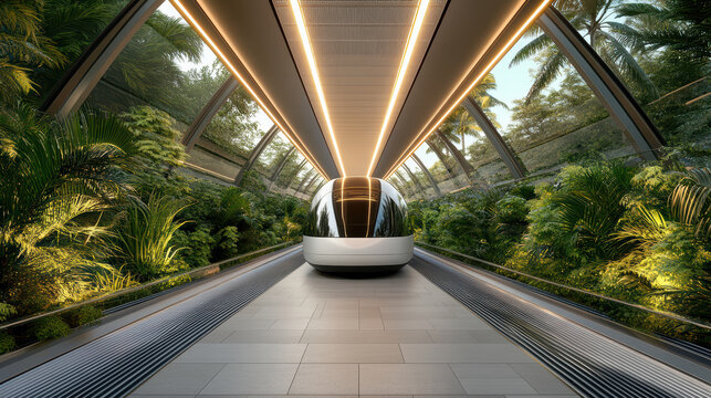futuristic hyperloop station surrounded by lush greenery and modern design