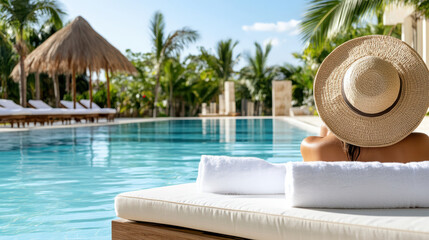 Obraz premium woman relaxing by luxurious hotel resort pool under sun