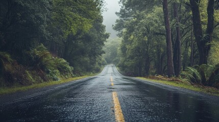 Obraz premium Rainy day on a paved road winding through a dense forest with trees and ferns lining the way