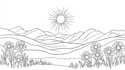 Fototapeta premium Sunny mountain landscape with daisies, coloring page