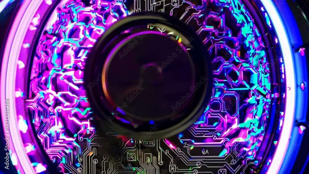 Aufkleber High-detail view of a spinning GPU fan glowing with pulsating blue-purple RGB tones, overlaid on a schematic circuit board backdrop.
