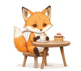 Illustration of a cute Cute fox cub sitting at a table on a chair drinking tea and cake. White isolated background. Illustration for children's books and fairy tales.