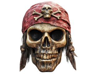 detailed pirate skull with red bandana and crossbones, showcasing rugged and adventurous spirit. Perfect for themes of piracy and adventure