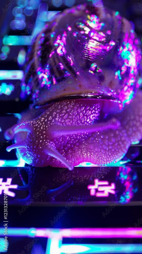 Aufkleber A macro shot of a snail whose shell is replaced by a digital hologram, slowly moving on a futuristic keyboard under vibrant cyberpunk neon lights.
