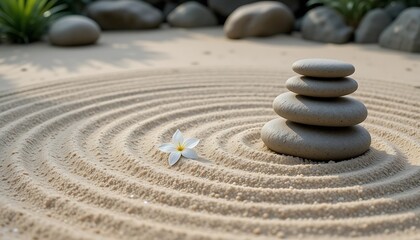 Serene Zen Garden Scene: Stacked Stones, White Flower, and Tranquil Sand Ripples