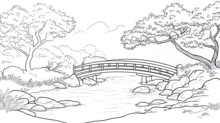 Obraz premium Serene Japanese garden bridge, tranquil stream, mountains, coloring page