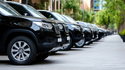 Modern black SUVs lined up on city street, showcasing luxury and style
