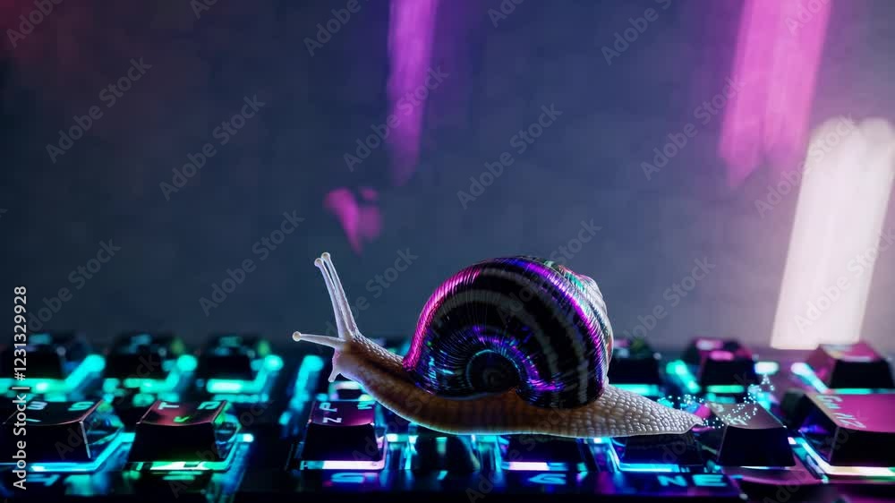 Leinwandbilder a surreal cyberpunk scene of a snail leaving a trail of digital particles along a backlit keyboard, 