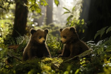 Obraz premium Two adorable bear cubs in a lush green forest.