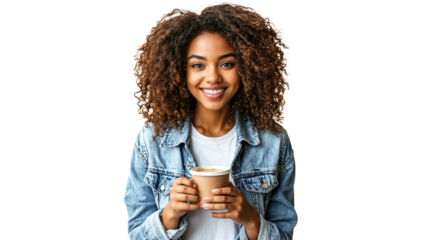 portrait of a young African-American woman with curly hair, isolated on a white background, wearing a denim jacket and white t-shirt, holding a cup of coffee, smiling confidently