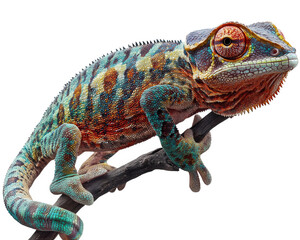 Obraz premium vibrant chameleon perched on branch, showcasing its colorful scales and unique features. intricate patterns and vivid colors highlight beauty of this reptile