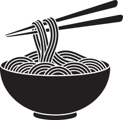 A vector silhouette illustration of a set of black noodles in a bowl with a spoon in the bowl, illustration of a bowl of food