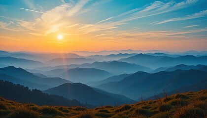 Obraz premium Majestic Sunrise over a Panoramic View of Rolling Blue Mountains and Lush Green Hills