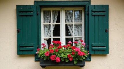 Charming Austrian window adorned with vibrant flowers in a wooden box