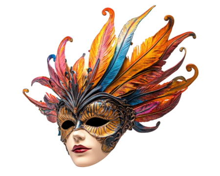 Vibrant masquerade mask with colorful feathers, perfect for celebrations and festivals. This artistic piece showcases intricate details and striking design