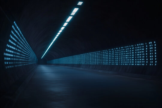 Illuminated tunnel with data patterns on walls