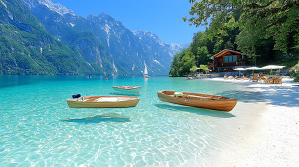 Alpine lake summer beach scene; boats, clear water, mountains