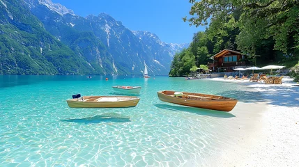Foto op Canvas Alpine lake summer beach scene  boats, clear water, mountains © BROPRADANA