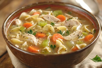 Bowl of comforting chicken noodle soup with carrots, celery, and parsley, rustic wooden table setup