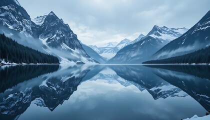 Stunning reflection of snow-capped mountains and tranquil lake in serene winter landscape