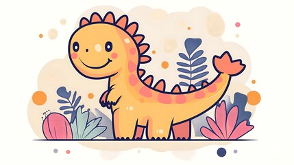 Cute cartoon dinosaur illustration in a floral background. Possible use Children's book illustration