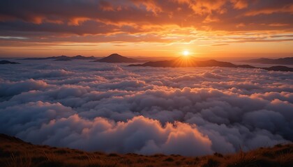 Breathtaking sunrise over a sea of clouds from a mountain peak, showcasing vibrant orange and pink hues in the sky, with majestic mountain silhouettes in the distance.