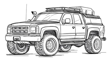 Professional Off Road Utility Vehicle Sketch in Minimalist Black and White Line Art Design
