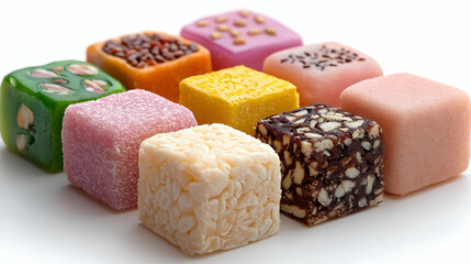 Colorful Turkish Delight Cubes, Sweet Treats, White Background, Food Photography