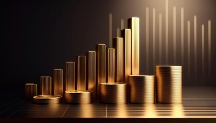 A sleek arrangement of golden coins and bars showcases a financial growth theme, with varying heights symbolizing increasing wealth.