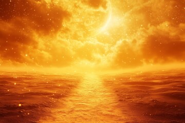 A mesmerizing golden sunset over a calm ocean, with sparkling stars and clouds creating a dreamlike scene.