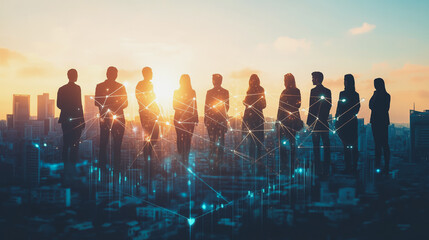 Professional business team working on a project together in the office Using innovation economic growth charts and network connections to accompany the data. in analyzing future trends