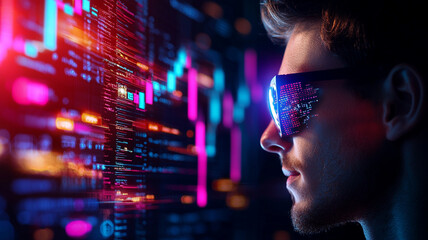 Intense Focus Young Man Analyzing Vibrant Digital Data Streams