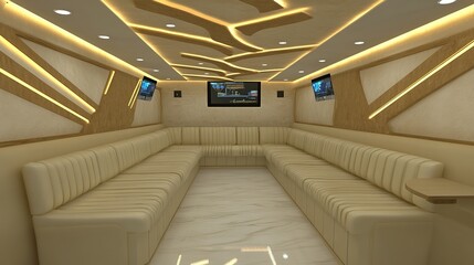 Fototapeta premium Luxury lounge interior design, modern lighting, marble floor, entertainment screens, presentation