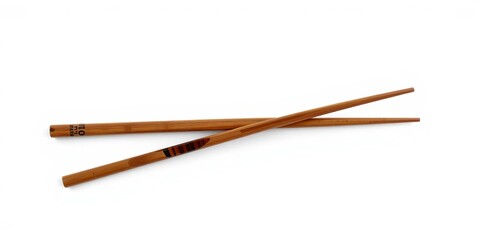 Top view of two wooden chopsticks placed parallel to each other on a clean white background, pair, traditional