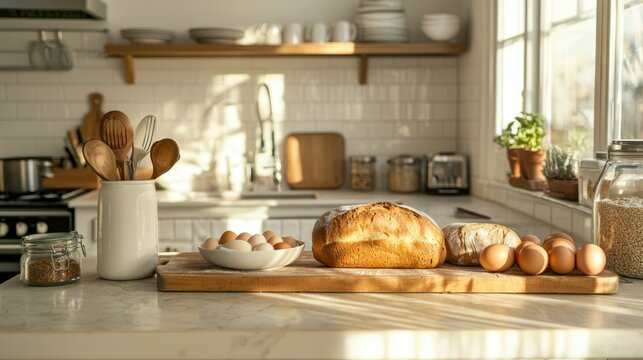 A kitchen counter with bread, eggs, and milk as staple groceries.