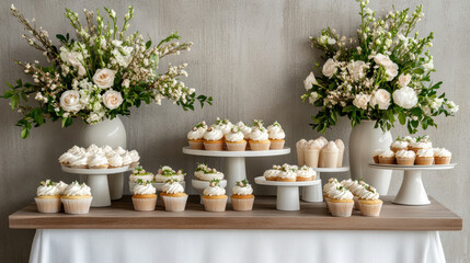 Fototapeta premium Elegant dessert table with cupcakes and floral arrangements