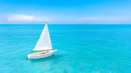 Obraz premium Small sailboat on turquoise ocean, clear sky. Vacation postcard
