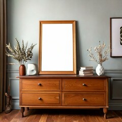 Wooden frame on a wooden table. Mock up poster frame on vintage chest of drawers, interior.