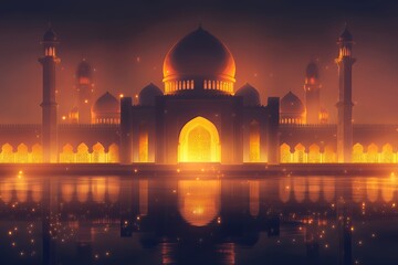 Illuminated Mosque Reflecting in Tranquil Water at Night