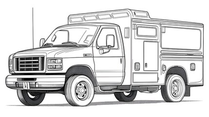 Professional Emergency Rescue Utility Truck in Blank Line Drawing Style for Kids Coloring Activity