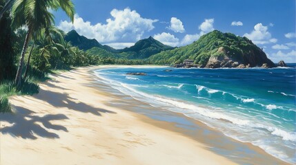 Naklejka premium Tropical Beach Scene Idyllic Sandy Shore, Turquoise Waters, Lush Greenery, Sunny Skies