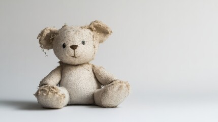 A vintage teddy bear with a worn texture sits against a minimalist background, capturing nostalgia and childhood memories.