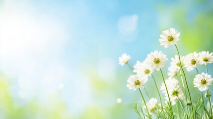 A serene scene showcasing blooming daisies under a bright blue sky, evoking feelings of tranquility and nature's beauty.
