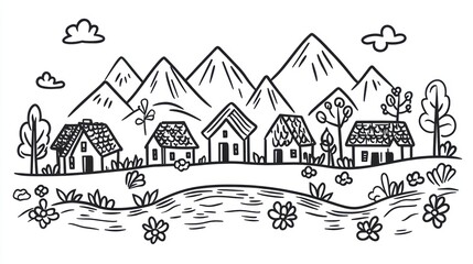 Village nestled in mountains, spring scene, nature background, children's book illustration