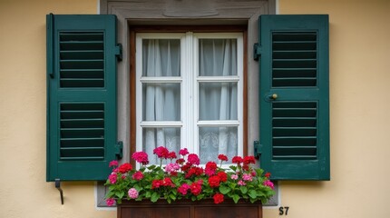 Picturesque Austrian window adorned with vibrant flower box and shutters